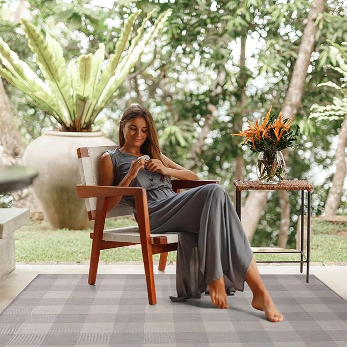 CAMILSON Outdoor Rug - Modern Area Rugs for Indoor and Outdoor Patios, Kitchen and Hallway mats - Easy Cleaning Non Shedding Washable Outside Carpet (5x7, Buffalo - Grey/White)