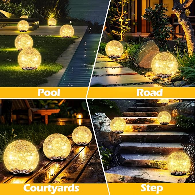 Garden Solar Ball Lights Outdoor Waterproof, 50 LED Cracked Glass Globe Solar Power Ground Lights for Path Yard Patio Lawn, Christmas Decoration Landscape Warm White(2 Pack 4.7'')