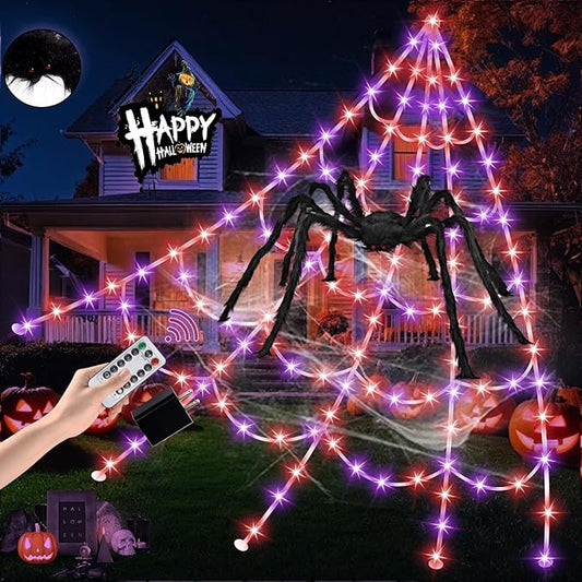 Halloween Spider Web Lights 550 LED Lighted Spider Web 16.4Ft Giant Halloween Decorations Light up with 8 Lighting Modes Waterproof & Timer for Indoor Outdoor House Haunted Yard Decor, Orange & Purple
