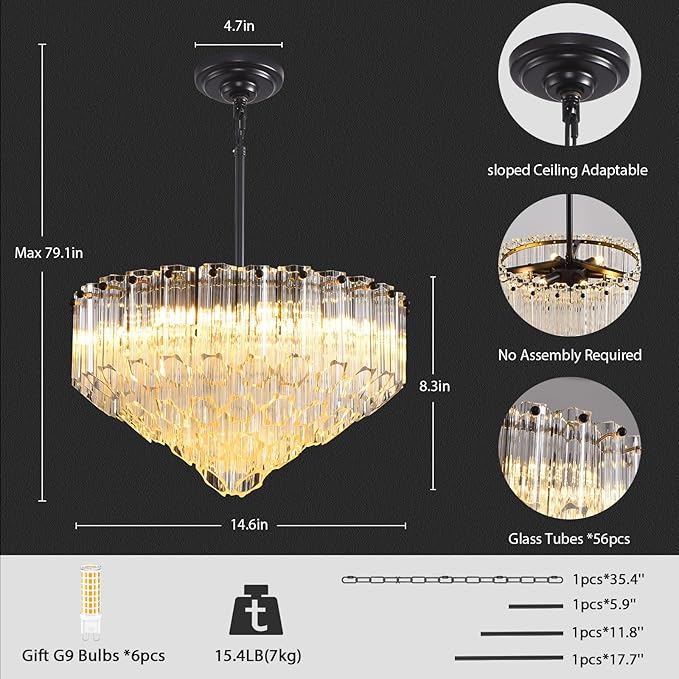 Modern Clear Glass Chandelier, 14" Round Crystal Dining Room Chandelier, Small Black Pendant Light Hanging Fixture for Bedroom, Kitchen Island Light Dimmable Ceiling Lighting Chandeliers for Bathroom