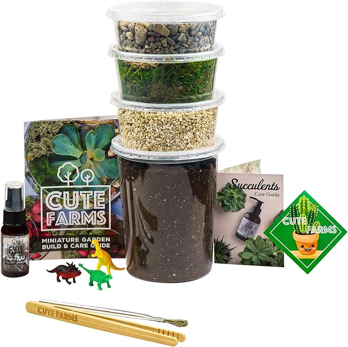 Cute Farms Terrarium Starter Kit | Moss, Vermiculite, Soil, Pebbles, Plant Food, Finishing Tools, Build and Care Guide | DIY Succulent Terrarium for Adults and Kids (Large)