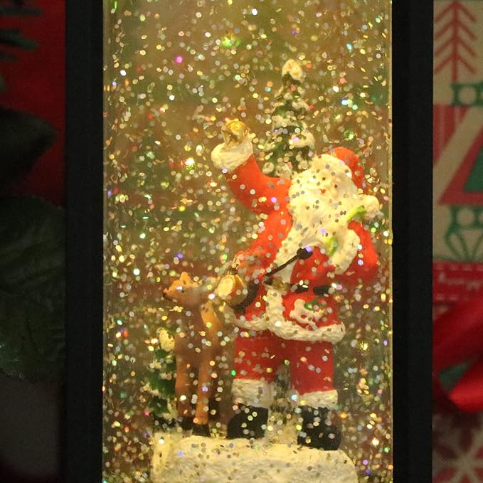 Eldnacele Christmas Snow Globe Lantern with Music, Battery Operated Lighted Swirling Glitter Water Lantern with Timer for Christmas Home Decoration, Santa