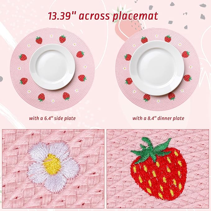 Whaline 4Pcs Round Placemats Daisy Strawberry Embroidered Place Mats Summer Strawberry Dinner Table Mats for Home Wedding Baby Shower Birthday Party Decor