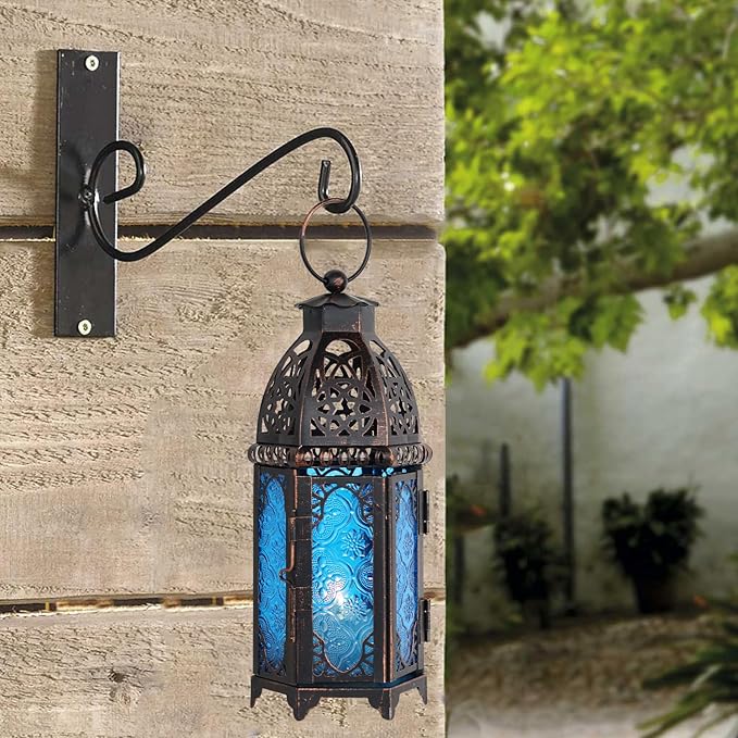 NEEDOMO Hanging Moroccan Lantern, 11'' Vintage Candle Holder, Metal Lanterns Decorative Indoor Outdoor, Table, Patio, Porch, Shelf, Gothic Home Decor (Blue, Medium Size)