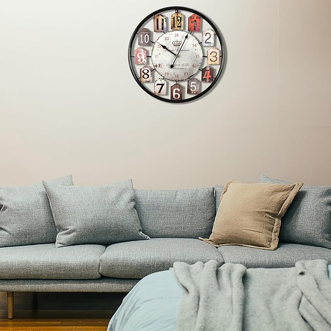 Large Wall Clock Separate Retro Dial Decorative Silent Non Ticking 20 Inch Big Vintage Farmhouse Clocks for Living Room,Black Metal Frame