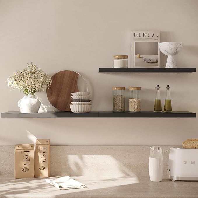 Wall Shelf Set of 2, Black Floating Shelves 36 in W x 10 in D x 1 in H, Wooden Floating Wall Shelf with Invisible Brackets for Living Room/Bedroom/Bathroom/Kitchen Storage and Decor