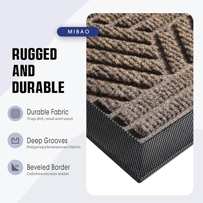Mibao Front Door Mat Outside Entrance, Durable Outdoor Indoor Mat, Low Profile Heavy Duty Doormat, Non-Slip, Traps Dirt and Moisture, Easy Clean Patio Porch Entryway Mat, 17" x 29.5", Brown
