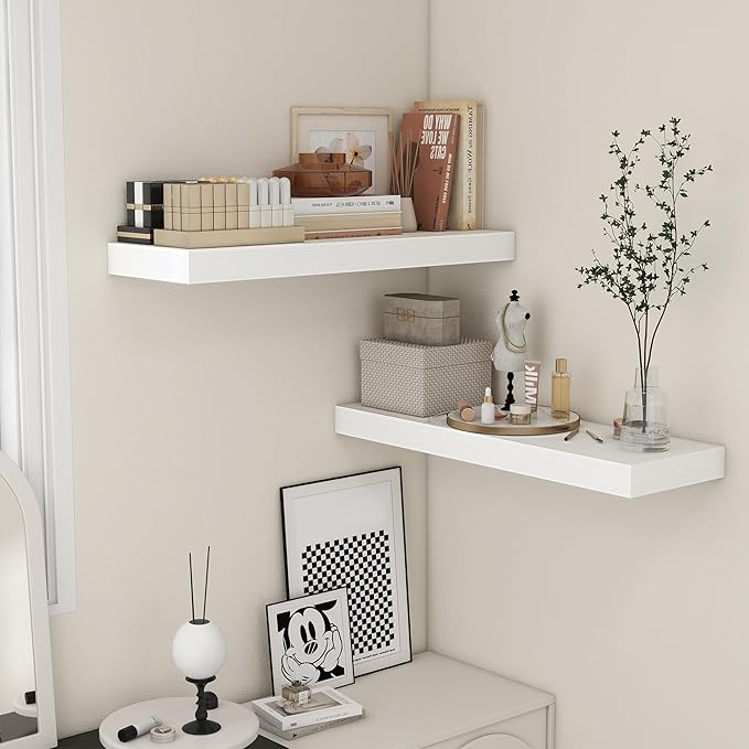 Deep Floating Shelves, 12'' Deep Rustic Large Floating Shelves Set of 2, White Shelves for Wall 36 Inches Long, Wood Shelves for Living Room Laundry Room Bedroom Kitchen Home Office - White