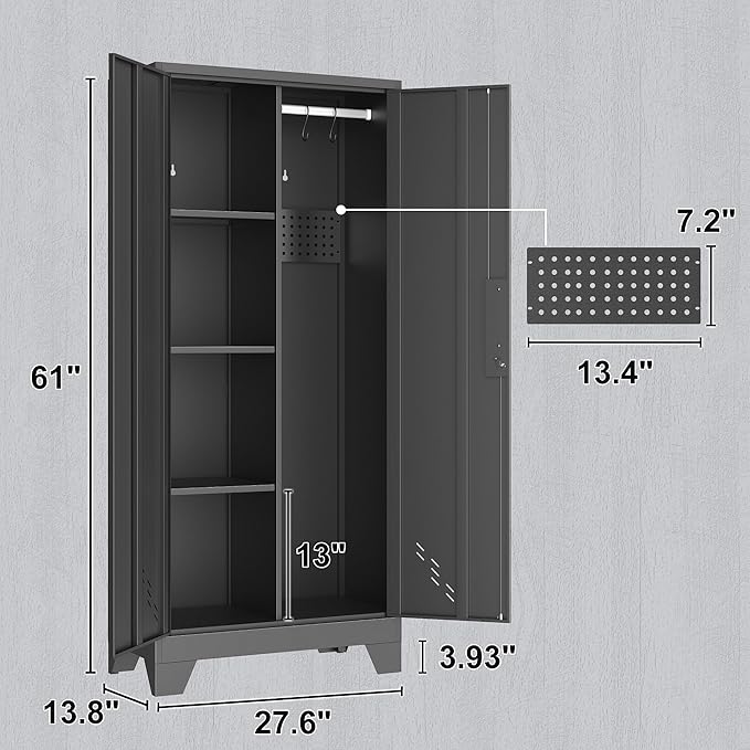 61" H Metal Storage Cabinet, Utility Cabinets with Locking Doors, Laundry Cabinet with Hanging Rod, Garage Tool Storage Cabinets for Home Office, Garage, Bathroom (Black)
