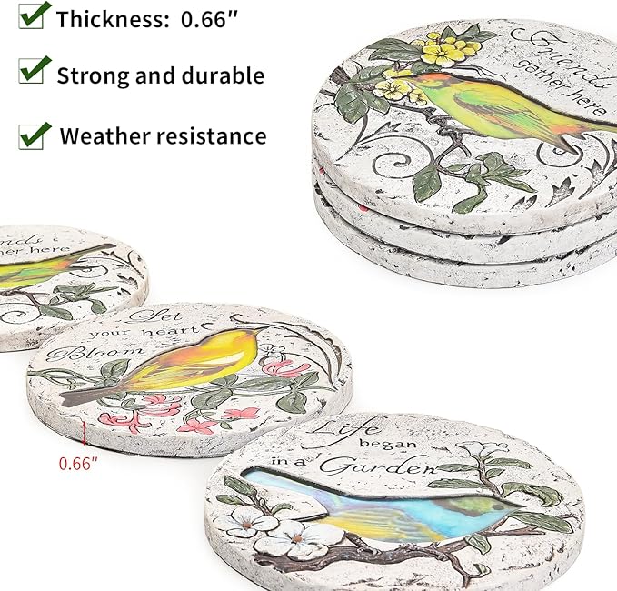 Sungmor 3PC Pretty Garden Stepping Stones, 9.5" Large Concrete Decorative Stones with Beautiful Pattern, Unique Outdoor Lawn Accents, Yard Walkway Flower Bed Wall Shelf Welcome Friends Decorations