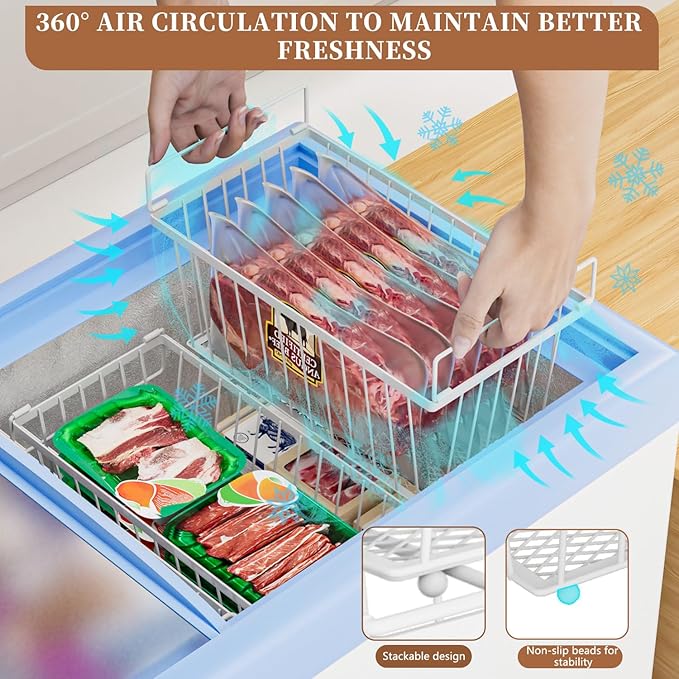 5 Pack Stackable Deep Freezer Organizer Bins ，Upgraded Bottom Leak-Proof net，Encryption and Hardening ， Freezer Organizer Bins for 5 to 7 Cu.FT Small Chest Freezer， Easy Get Bottom Foods