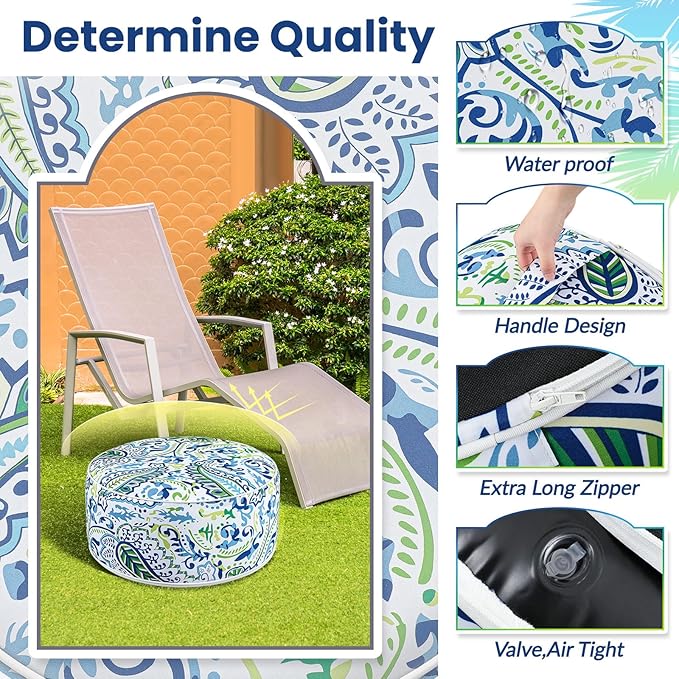 2 Pack Outdoor Inflatable Ottoman Waterproof Inflatable Pouf Foot Rest with Handle D21 x H9 Portable Outdoor Foot Rest for Patio Garden Camping or Home