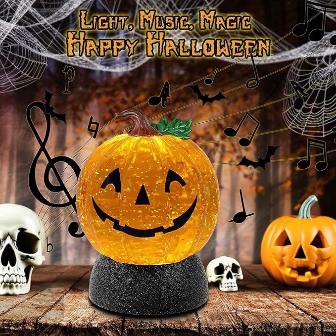 Halloween Snow Globe Lantern Pumpkin Lighted Halloween Snow Globes Battery Operated or USB Powered with 6H Timer Musical Snow Globe Glitter for Spooky Party Home Table Decorations (Pumpkin)