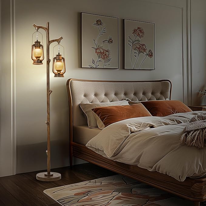 68" Rustic Farmhouse Tree Trunk Floor Lamp Country Brown Finish Wood Vintage Standing Tall Lamp with Lantern Stepless Dimmable Industrial Floor Lamp Decor for Bedroom Living Room Office Hotel
