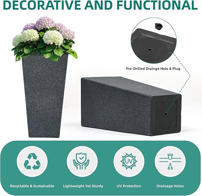 28" Large Tall Square Planters for Outdoor Plants, Set of 2 V-Shaped Planter Box with Black Terrazzo Look, Durable and Weather Resistant, Ideal or Garden, Patio, Porch or Home use.