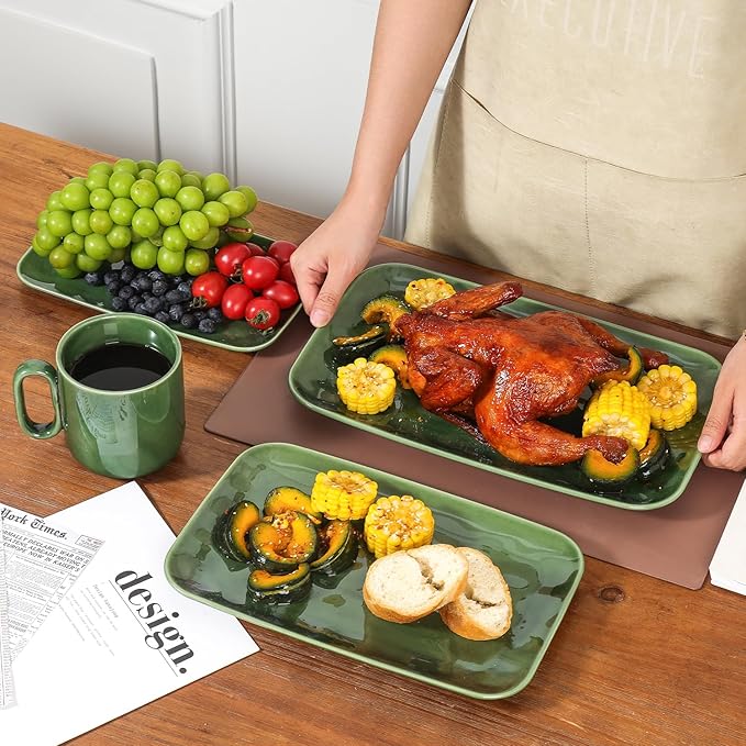 vicrays Ceramic Rectangle Serving Platters - 14" 12" 10" Porcelain Serving Trays Plates for Party BBQ Appetizers Sushi Dessert - Microwave Oven and Dishwasher Safe - Set of 3 Green