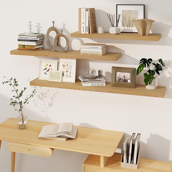 Fun Memories Floating Shelves, 8 Inch Deep Floating Shelves, Rustic Wood Fireplace Mantel 48 in Long, 48 x 8 Floating Wall Shelves for Living Room, Kitchen, Bedroom, Oak Color, 1 Pack