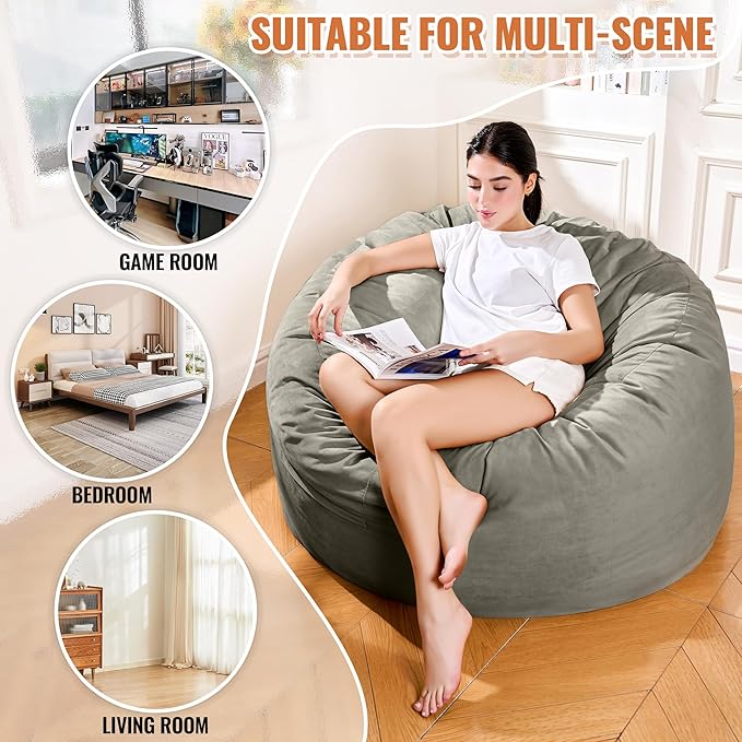 4FT Bean Bag Chair: Bean Bag with Velvet Cover, Fluffy and Comfy Bean Bag Chairs for Adults and Kids, Bean Bag Sofa Filled with High-Density Sponge for Gaming (Dark Grey)