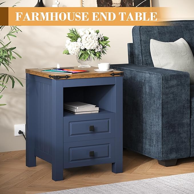 Apicizon Farmhouse End Table with Charging Station and Storage