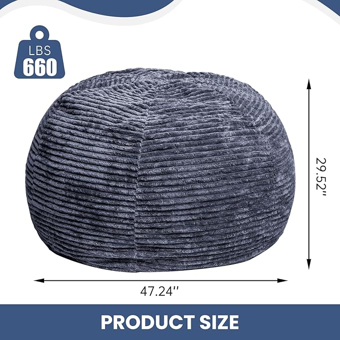 Large Bean Bag Chair, 5FT Giant Beanbag Chairs with Memory Foam Filled, Bean Bag Chairs for Adults, Ultra Soft Lazy Sofa for Living Room Bedroom (Gery)