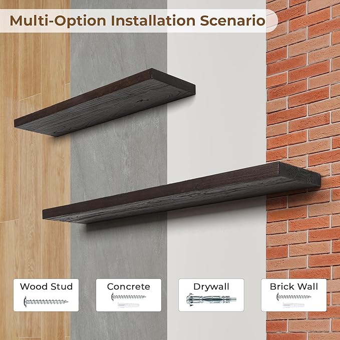 Axeman Floating Shelves for Wall - 32''W x 8'' D Rustic Solid Elm Wood Shelves for Storage, Wall Mounted Display Shelving with Invisible Heavy-Duty Metal Bracket (Walnut, 2PCs)