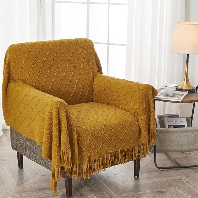 inhand Knitted Fall Throw Blanket for Couch and Bed, Knit Fall Decor Halloween Blanket with Tassel, Brown Lightweight Decorative Farmhouse Warm Woven Blankets and Throws for Women, 50"x60"