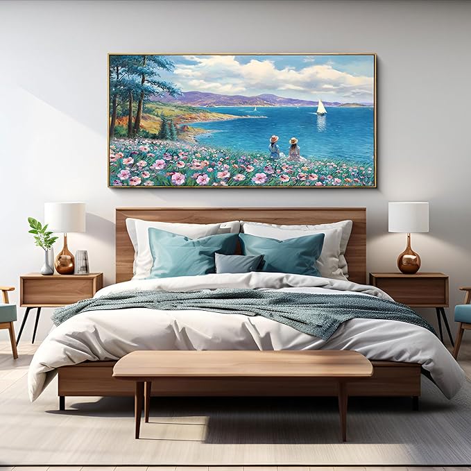 XLSJERST Large Landscape Wall Art - Blue Ocean Pink Flower Sailboat Mountain Tree Decor Orange Frame Artwork for Wall Large Picture for Living Room Bedroom Home Office Wall Decoration Size 29x58