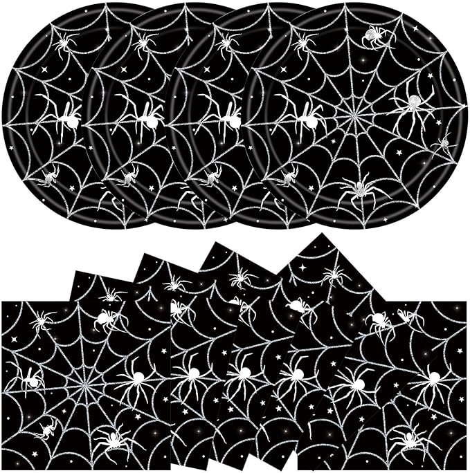 40Pcs Halloween Paper Plates and Napkins Party Supplies, Spider Web Plates Napkins Disposable Dinnerware Set for Spooky Halloween Party Decorations