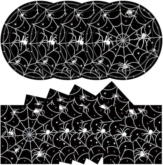 40Pcs Halloween Paper Plates and Napkins Party Supplies, Spider Web Plates Napkins Disposable Dinnerware Set for Spooky Halloween Party Decorations