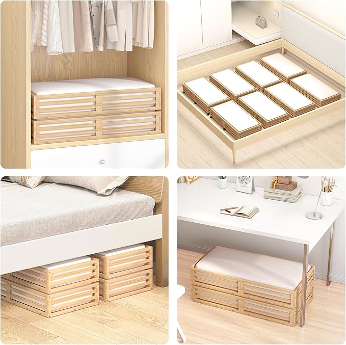 Bamboo Under Bed Storage Containers- Underbed Organizer with Wheels with Large Dust Bag,Sturdy Wood Rolling Under the Bed Shoe Storage Organizer Drawer 2 Packs (Nature, Long)
