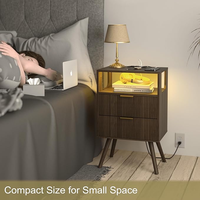 Nightstand with Charging Station and LED Lights,Modern Bedside Table with 2 Storage Drawer and Open Wood Shelf, for Bedroom and Small Spaces,Night Stand with Solid Wood Legs,Walnut Brown