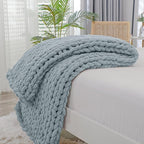Bigacogo Chunky Knit Throw Blanket for Couch, 40x40 inches, 100% Hand Knitted with Thick Jumbo Chenille Yarn, Cozy Soft Large Rope Knot Cable Crochet Blankets for Sofa Bed Living Room, Dusty Blue