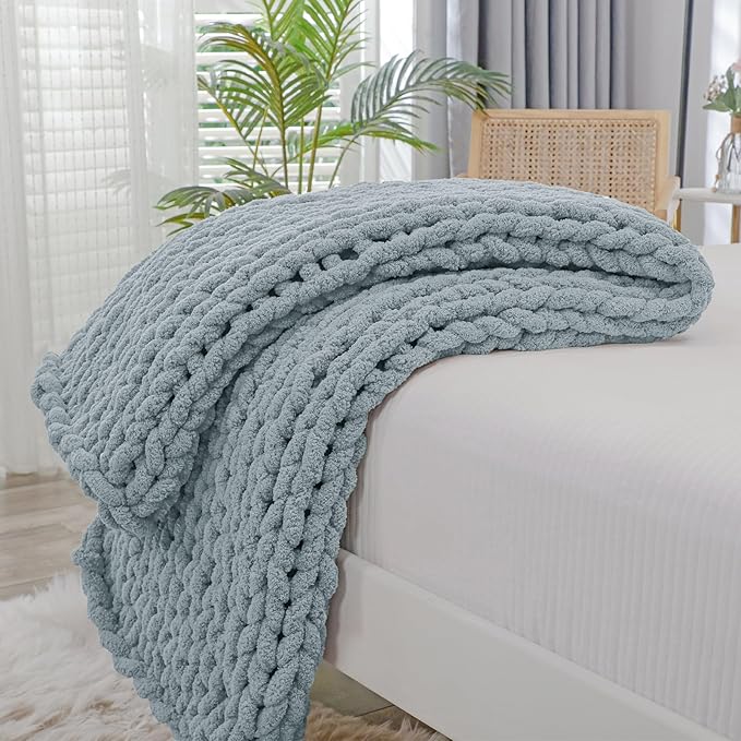 Bigacogo Chunky Knit Throw Blanket for Couch, 40x40 inches, 100% Hand Knitted with Thick Jumbo Chenille Yarn, Cozy Soft Large Rope Knot Cable Crochet Blankets for Sofa Bed Living Room, Dusty Blue