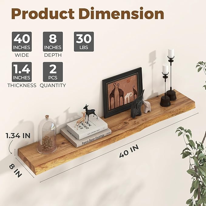 Axeman 40 inch Floating Shelves for Wall - 8'' D Live Edge Rustic Solid Elm Wood Floating Shelves Wall Mounted, Wall Shelves with Invisible Bracket for Living Room Bedroom Kitchen, 1 Pc Natural