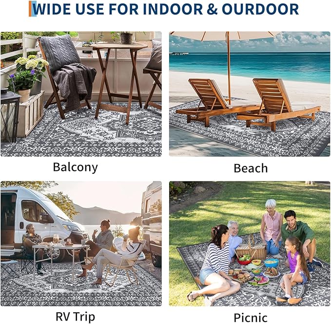 GAOMON Outdoor Patio Rug 9x12 Waterproof Reversible Plastic Straw Rug, Large UV-Resistant Portable RV Camping Mats, Indoor Outdoor Rugs for Outside Deck Porch Garden RV, Gray & White
