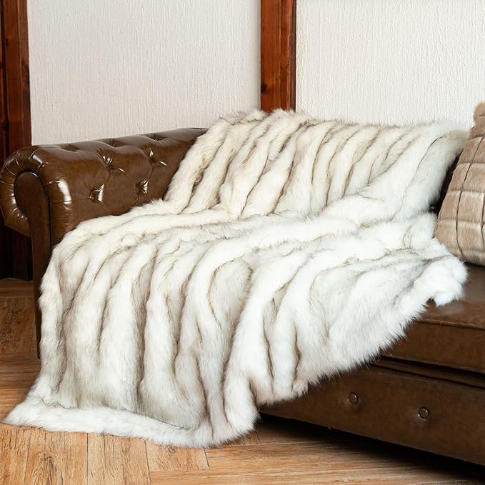 BATTILO HOME Luxury Ivory White Faux Fur Throw Blanket for Bed, Extra Large Super Soft Fluffy Cozy Fall Thick Warm Fox Fur Throw Blankets for Couch, Bed Reversible to Plush Velvet (60"x80")