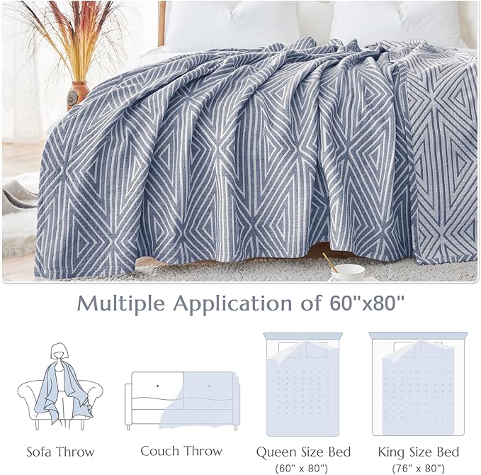 JINCHAN Boho 100% Cotton Blanket Muslin Twin Size 60x80 Inches Lightweight 3-Layer Geometric Triangle Striped Pattern Reversible Quilt Throw Soft Breathable Comfy All Seasons for Couch Bed Decor, Blue