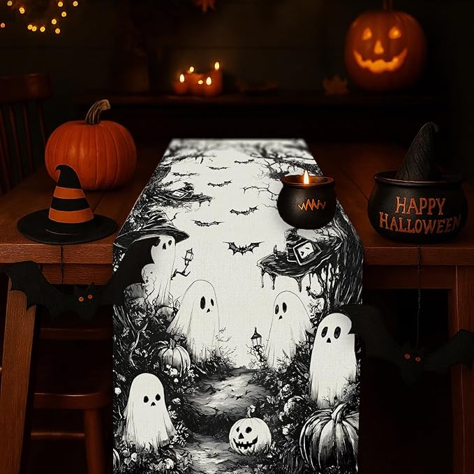 GPGHE Halloween Table Runner Black Ghost Holiday Burlap Table Decoration Indoor Outdoor Home Decor Party Supply 13 x 60 Inch
