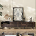 Modern TV Stand for TVs up to 85", Mid-Century Media Console with Checkered Cabinet Doors, Storage Drawers & Open Shelves, Wood Entertainment Center with Metal Legs
