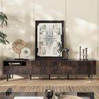 Modern TV Stand for TVs up to 85", Mid-Century Media Console with Checkered Cabinet Doors, Storage Drawers & Open Shelves, Wood Entertainment Center with Metal Legs