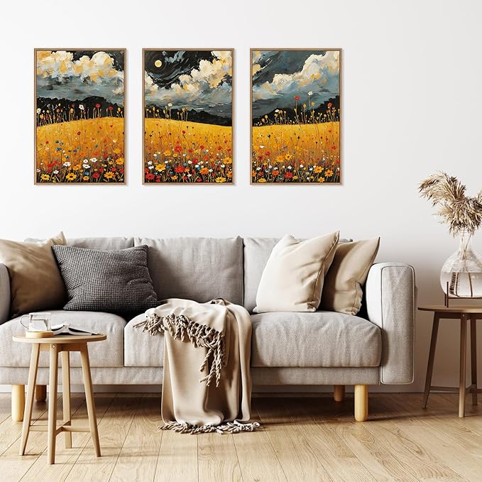 HLNIUC Mystical Moonlight Framed Wall Art Set,Night Moon Wildflower Canvas Wall Decor,Full Moon Mountain Flower Art Print,Large Golden Floral Landscape Wall Painting for Living Room,Office - 16”x24”x3