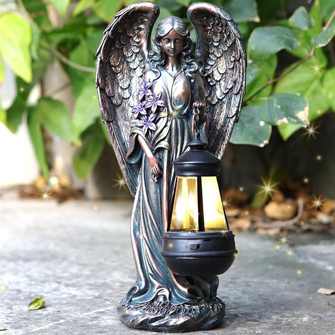 Solar Angel Outdoor Garden Decor Statues – 13.2 inches Solar Outdoor Sculptures for Outside Yard Art Patio Balcony Front Lawn Ornaments Gifts for Mom Grandma Women（Bronze）