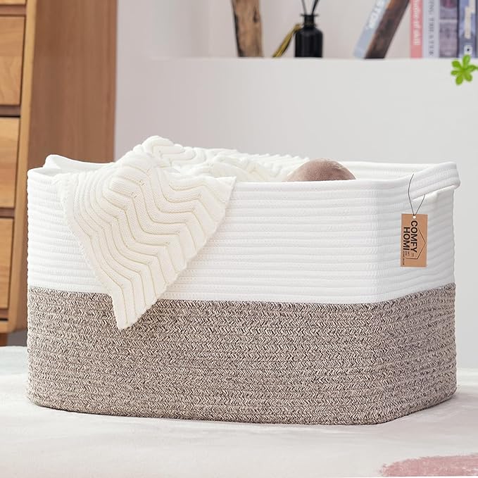 COMFY-HOMI Large Laundry for Organizing|Rectangle Cotton Rope Storage with Handles|Blanket for Living Room|Woven Laundry for Towels, Toys, Clothes-22x15x12”-White/Brown