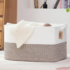 COMFY-HOMI Large Laundry for Organizing|Rectangle Cotton Rope Storage with Handles|Blanket for Living Room|Woven Laundry for Towels, Toys, Clothes-22x15x12”-White/Brown