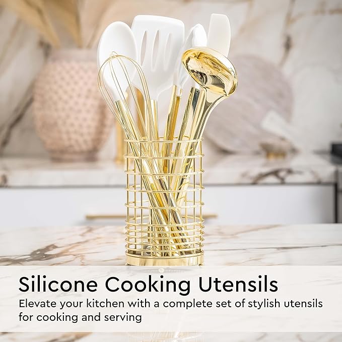 White and Gold Kitchen Utensils Set - 23-Piece Gold Kitchen Accessories Include Measuring Cups and Spoons Set, Silicone Utensils, and Utensil Holder for Baking, Cooking, and Stylish Kitchen Decor
