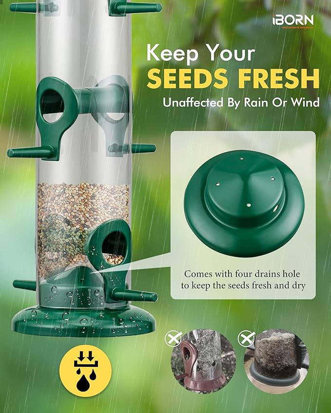 iBorn Metal Bird Feeders 6 Ports Hanging Wild Bird Seed Feeder for Mix Seed Blends, Niger Seed Feeder, Sunflower Heart, Birdbath, Heavy Duty All Metal Green Finishing 14 Inch 6Port, Pack of 2