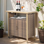 Outdoor Indoor Storage Cabinet with Rolling Wheels, Patio Serving Cart with Bar Table and Wicker Cabinet, Kitchen Island Prep Table, Beige