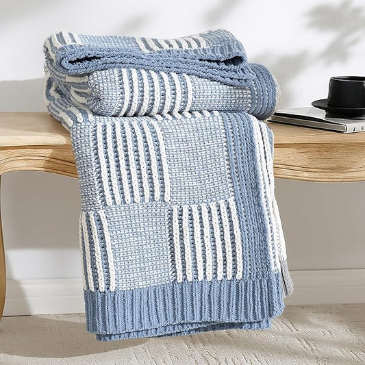 Amélie Home Chenille Knit Throw Blanket for Couch, Checkered Texture Decorative Soft Blanket for Sofa, Bed & Living Room, 50"x60", Blue & White