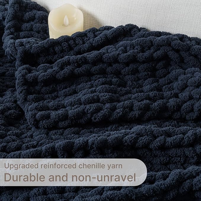 Chunky Knit Blanket Throw, 100% Hand Knit Throw Blanket Handmade Chenille Cable Knit Throw for Couch, Stylish Cozy Soft Rope Knot Crochet Blanket for Home Decor, Navy Blue, 50x60 Inches