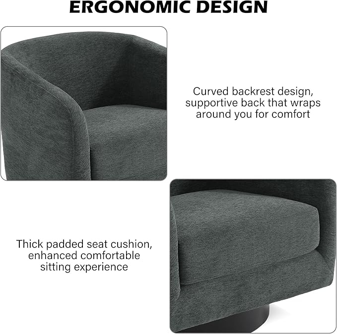 Swivel Barrel Accent Chair, Modern Round Chenille Fabric Arm Chair for Living Room, Bedroom, Comfy Club Reading Chairs for Adults（Chenille Fabric, Grey, Set of 2